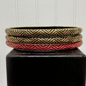 J Crew Gold & Enamel Bangle Bracelets - Set of 3 - Hot Pink & Black